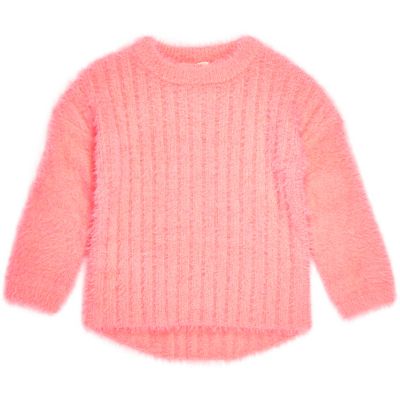 Mini girls bright coral fluffy knit jumper